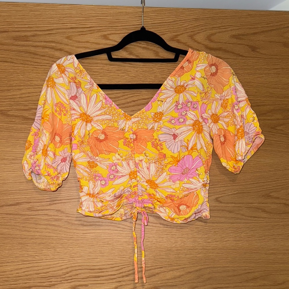 Floral V-Neck Ruched Top - Orange and Yellow